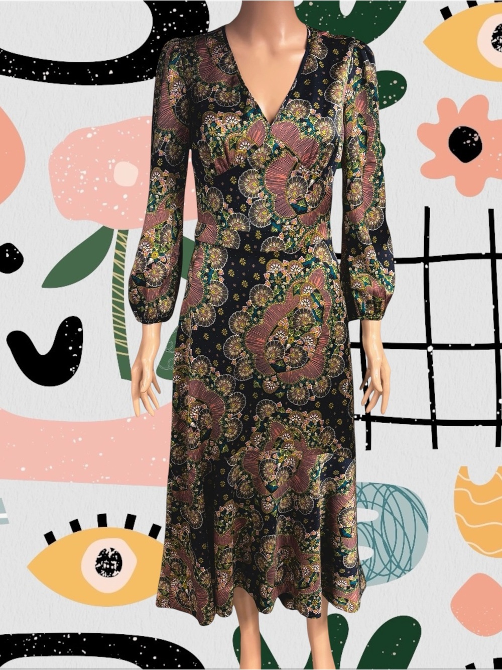 Point Sur by J. Crew | Navy Blue Retro Print Balloon Sleeve Dress